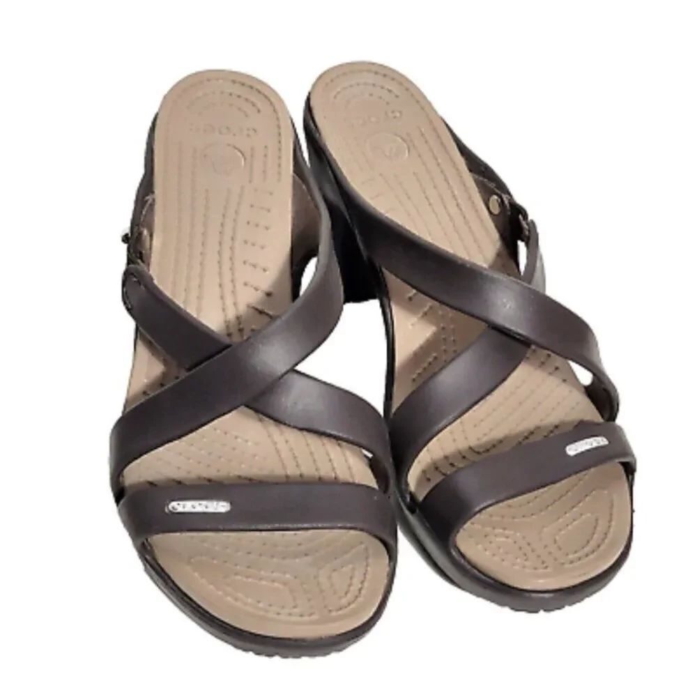 Crocs Women Cyprus IV Brown Strappy Heel Sandal Size 10